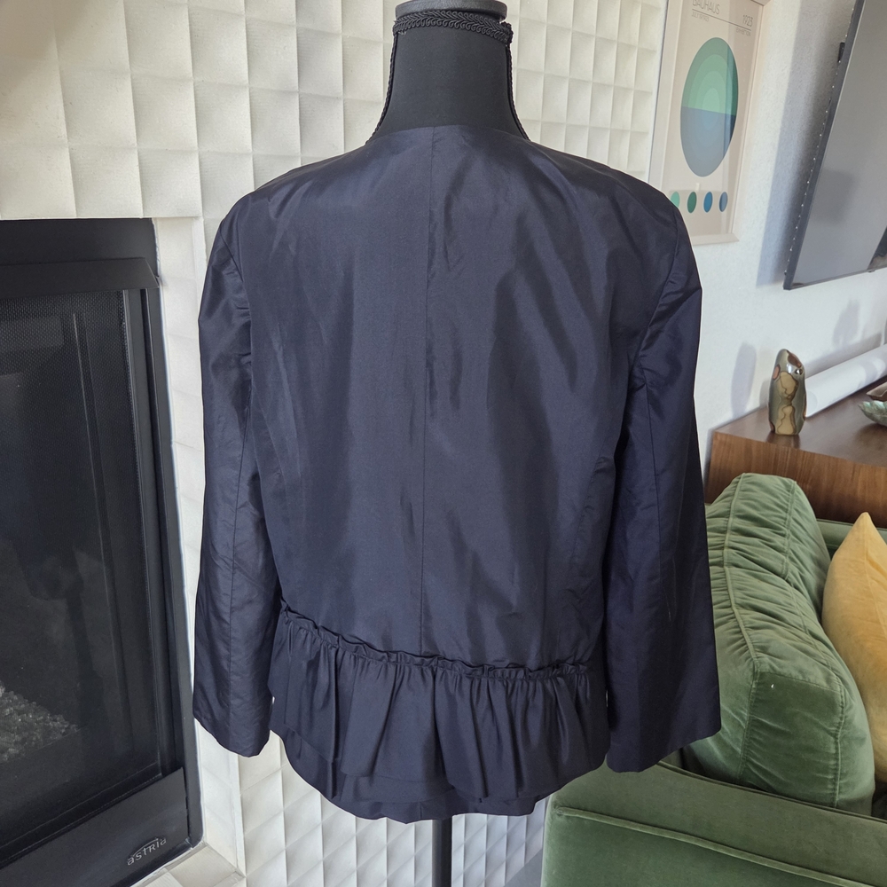 J. Crew 100% Silk Jacket Blazer, Ruffle Tiered Navy Single Button Closure Size 8 - Picture 3 of 6